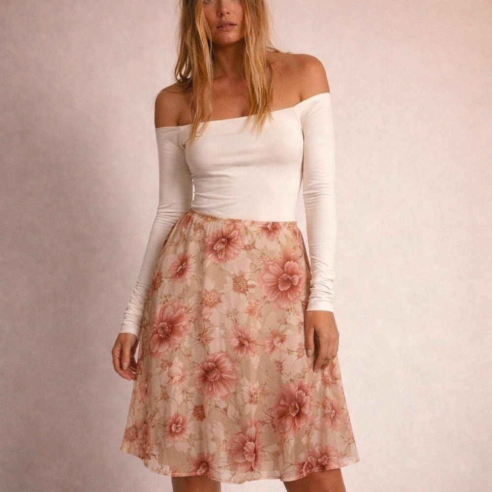 Connected Apparel Floral Skirt Womens Size XL Pink Beige Chiffon Y2K Feminine